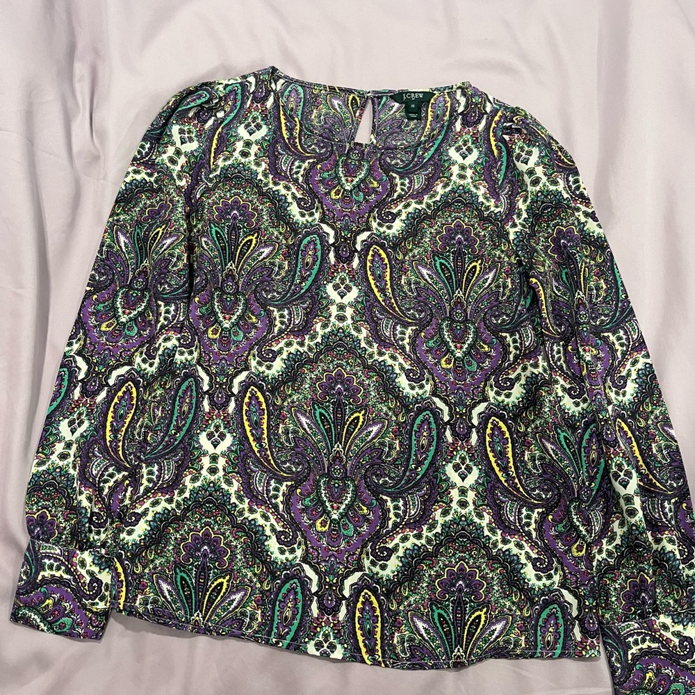 J. Crew Green and Purple Graphic Blouse